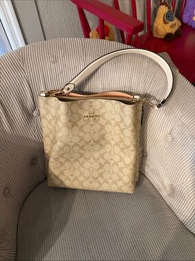 Coach Beige Signature Canvas Shoulder Bag with White Strap